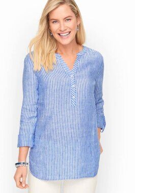 Talbots Relaxed Linen Blend Flowy Long Sleeve Blue White Stripe Blouse Top, XLP